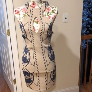 Geometric mini beige and deep purple dress